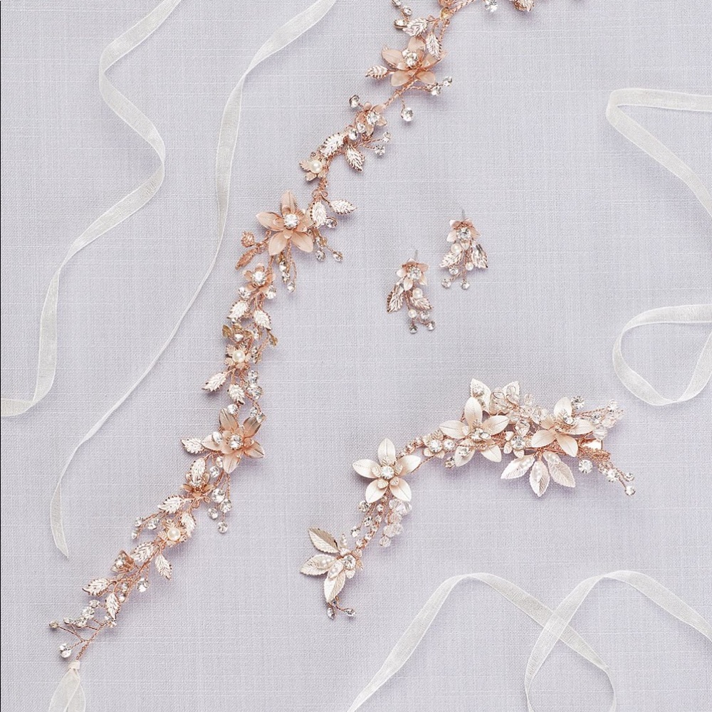 Rose Gold bridal belt with hair piece & earrings